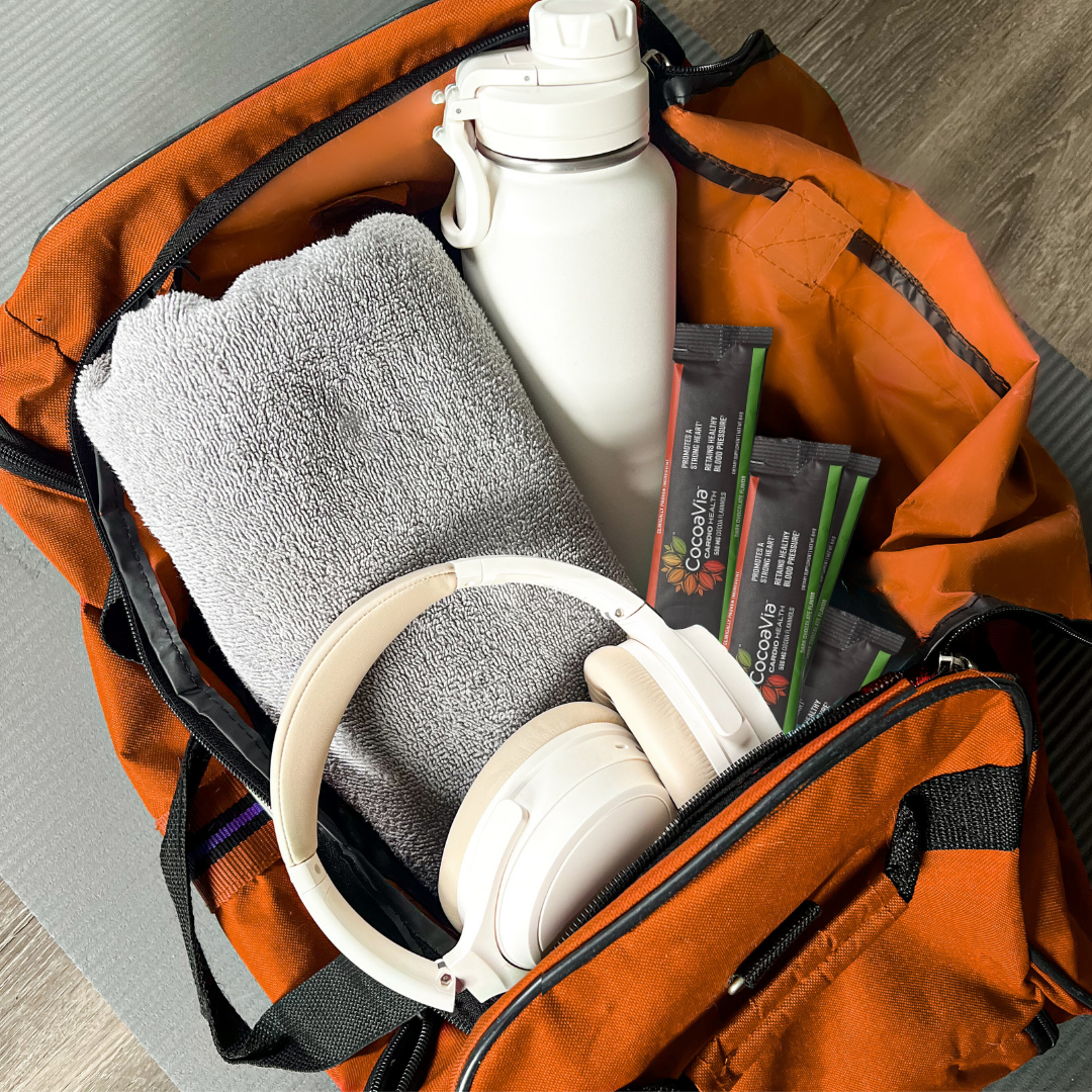 gym bag with cardio powder stickpacks in it