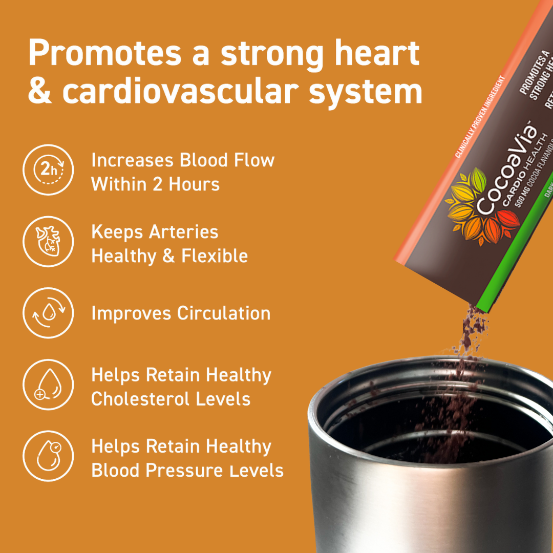 Promotes a strong heart & cardiovascular system. Increases Blood Flow within 2 hours. Improves circulation. Helps retain healthy cholsterol levels. Keeps arteries healthy & flexible.
