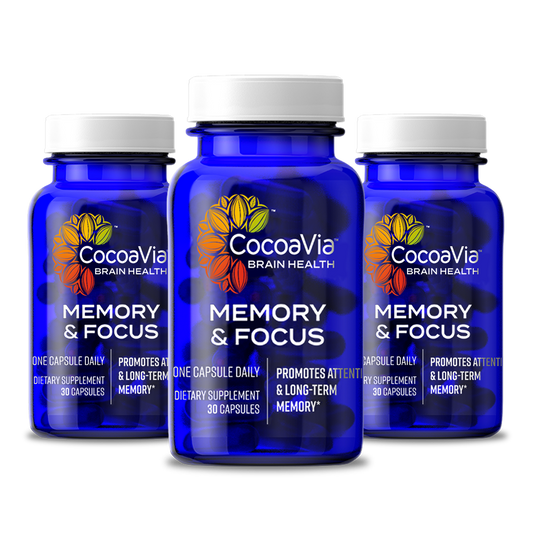 Memory and Focus CocoaVia Brain Health. One Capsule Daily. Dietary Supplement. Promotes attention and long-term memory