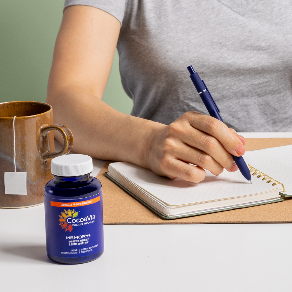 Model Writing In Notebook With Bottle Next To Them MEMORY PLUS