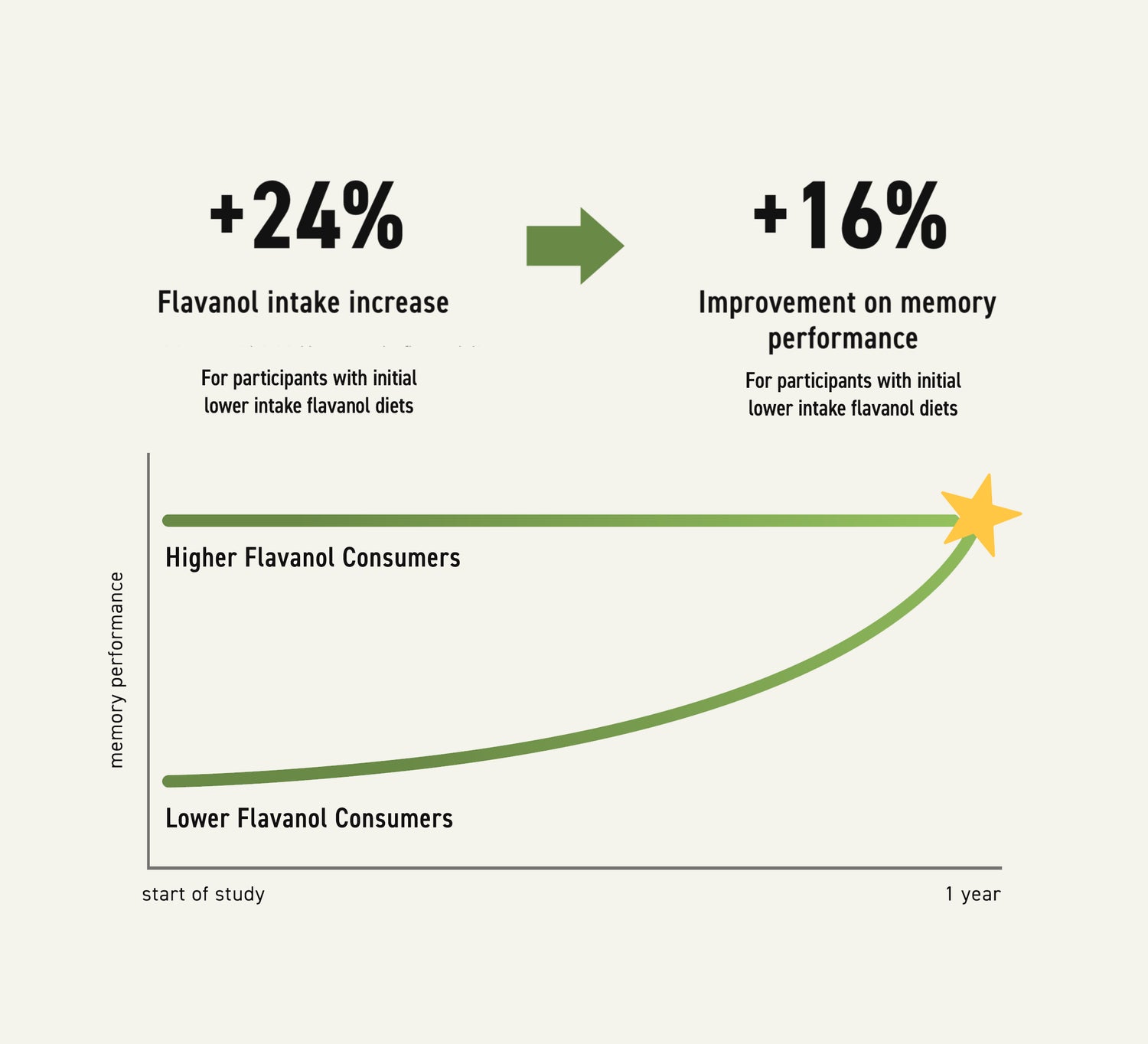 +24% flavanol intake increase to +16% improvement on memory performance