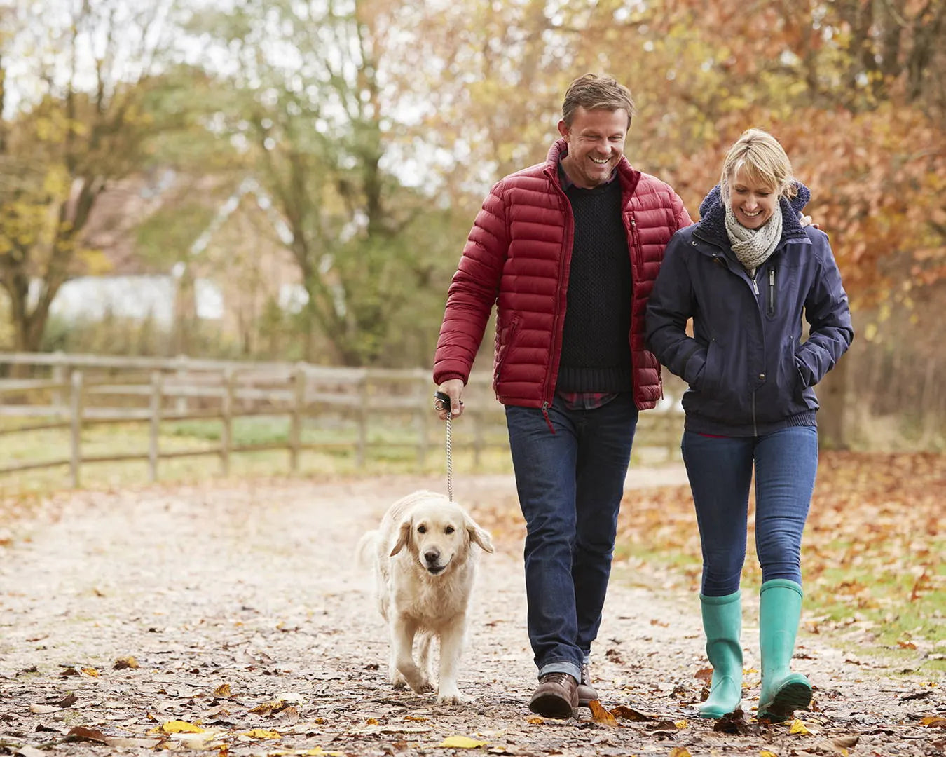 Couple walking dog