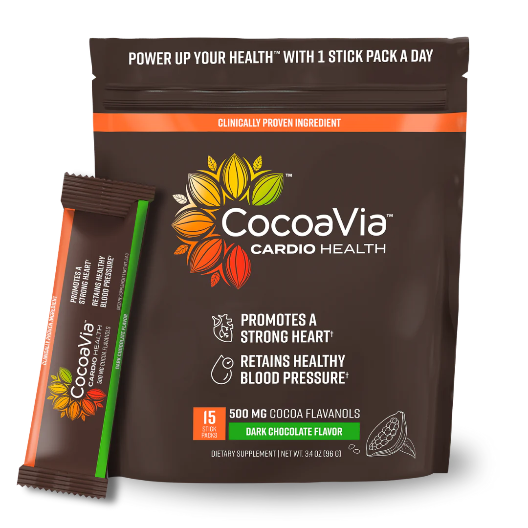 CocoaVia cardio Health stickpacks. Promotes a strong heart. Retains Healthy Blood Pressure.