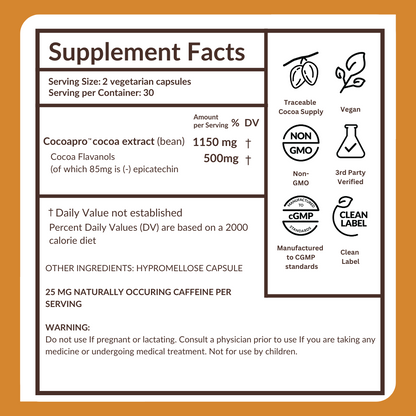 supplement facts, serving size 2 vegetarian capsules. Servings per container: 30. Other ingredients: hypromellose capsule. 25mg naturally occuring caffeine per serving. Cocoapro Cocoa Extract 1130mg. Cocoa Flavanols of which 85mg is (-)-epicatechin. Traceable Cocoa Supply. Plant-based ingredient. Non-GMO. Vegan