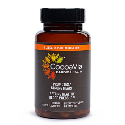 CocoaVia Cardio Health Capsules. Clinically Proven Ingredient. 500 mg of Cocoa Flavanols Promotes A Strong Heart & Cardiovascular System. Dietary Supplements. 60 Capsules for 30 days. 