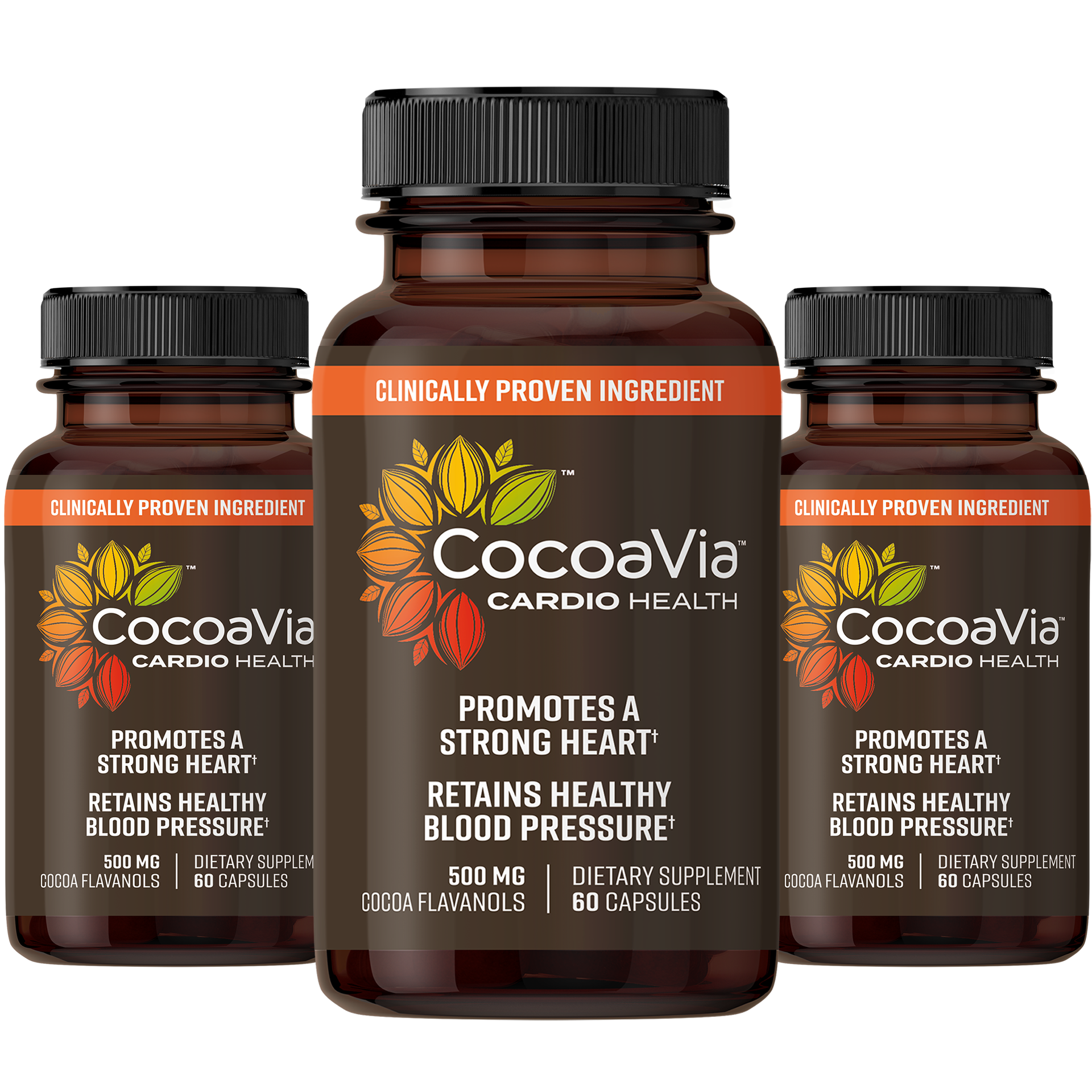 CocoaVia Cardio Health Capsules. Clinically Proven Ingredient. 500 mg of Cocoa Flavanols Promotes A Strong Heart & Cardiovascular System. Dietary Supplements. 190 Capsules for 90 days. 