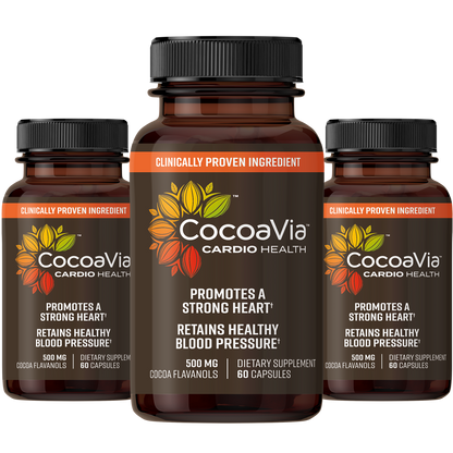 CocoaVia Cardio Health Capsules. Clinically Proven Ingredient. 500 mg of Cocoa Flavanols Promotes A Strong Heart & Cardiovascular System. Dietary Supplements. 190 Capsules for 90 days. 