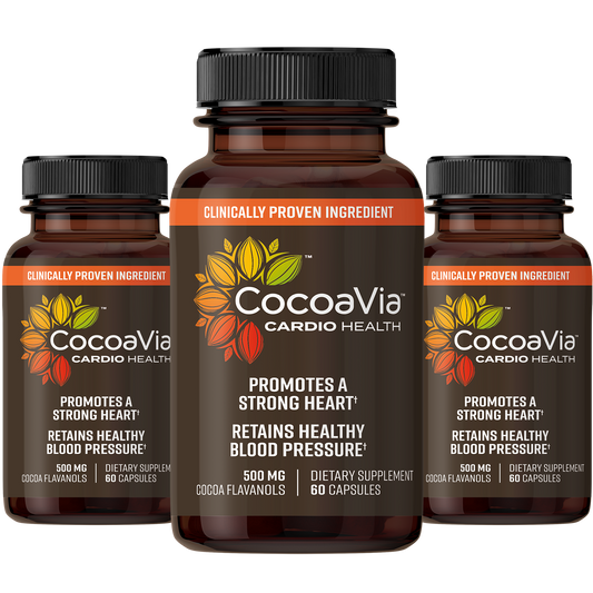 CocoaVia Cardio Health Capsules. Clinically Proven Ingredient. 500 mg of Cocoa Flavanols Promotes A Strong Heart & Cardiovascular System. Dietary Supplements. 190 Capsules for 90 days. 