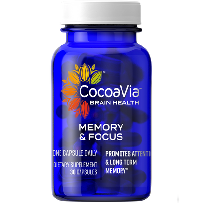 Memory and Fpcus CocoaVia Brain Health. One Capsule Daily. Dietary Supplement. Promotes attention and long-term memory