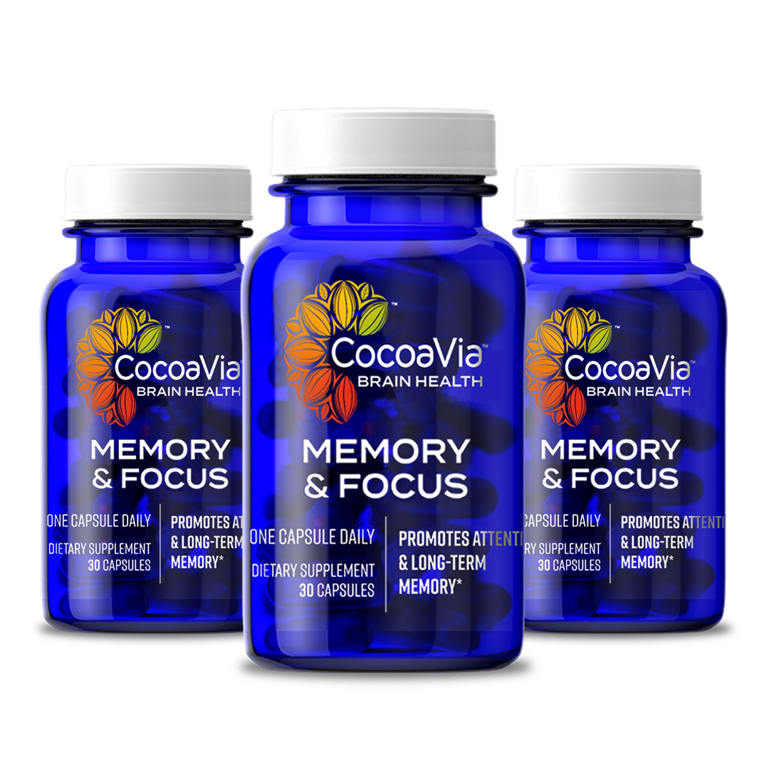 Memory and Focus CocoaVia Brain Health. One Capsule Daily. Dietary Supplement. Promotes attention and long-term memory