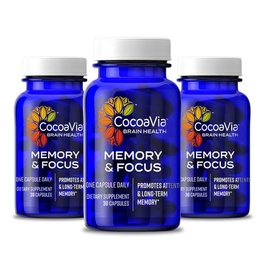 Memory and Fpcus CocoaVia Brain Health. One Capsule Daily. Dietary Supplement. Promotes attention and long-term memory
