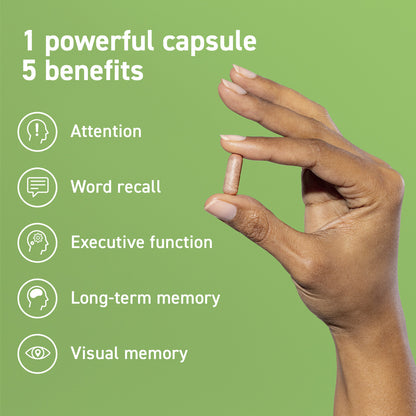 1 powerful capsule. 5 benefits. Attention. Executive function. Word Recall. Long-term memory. Visual Memory