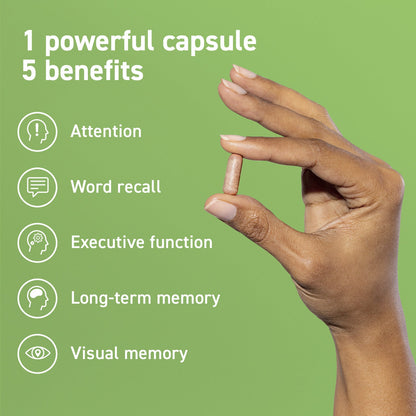 1 powerful capsule. 5 benefits. Attention. Executive function. Word Recall. Long-term memory. Visual Memory