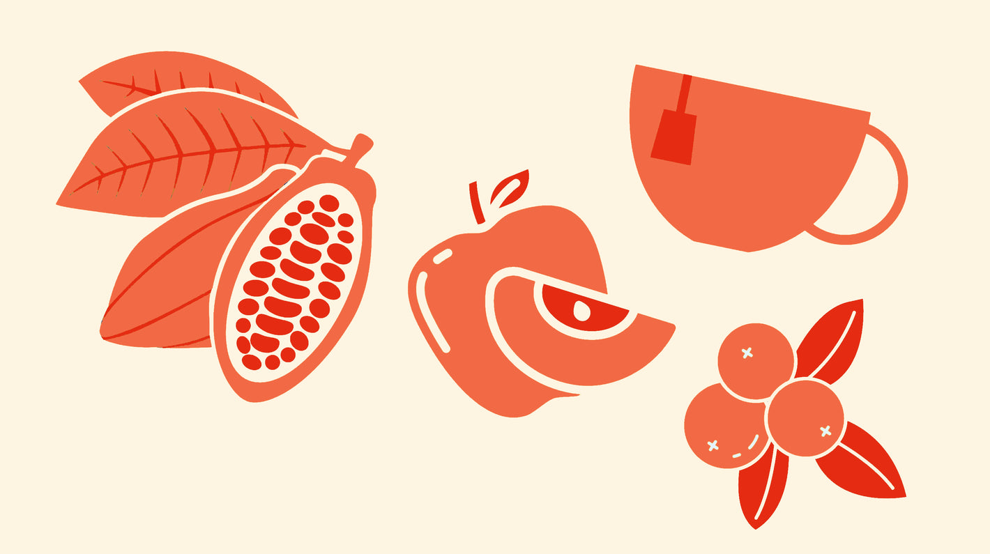 Cocoa Pods, Apples Tea and cherries