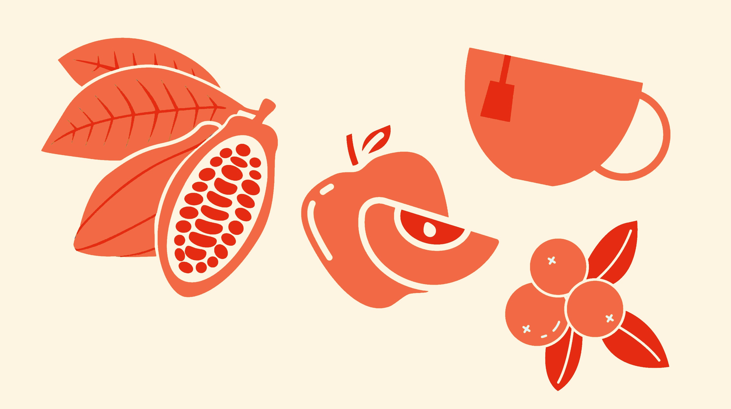 Cocoa Pods, Apples Tea and cherries