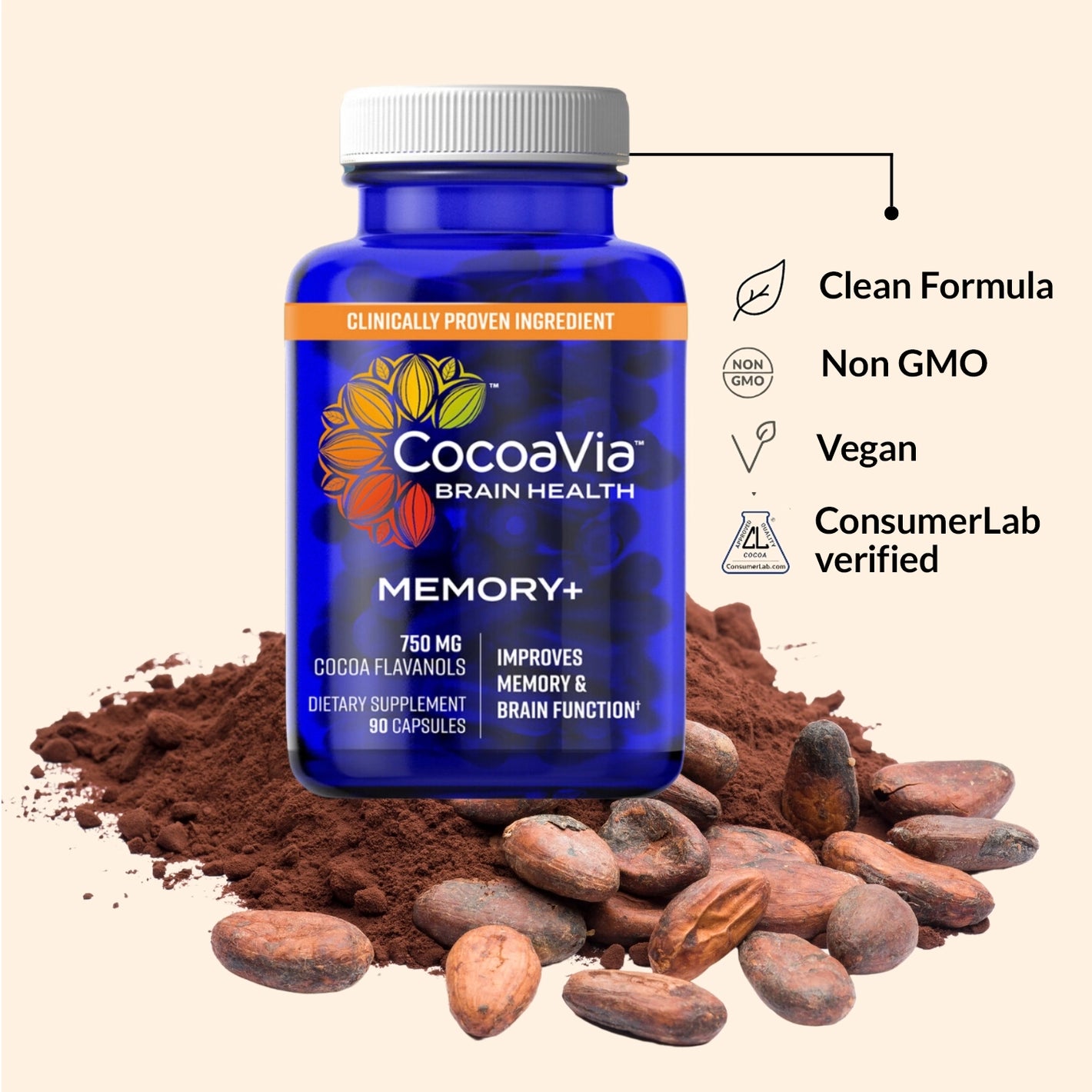 CocoaVia Memory+ Capsules. Clean formula, Non-GMO, Vegan, ConsumerLab verified