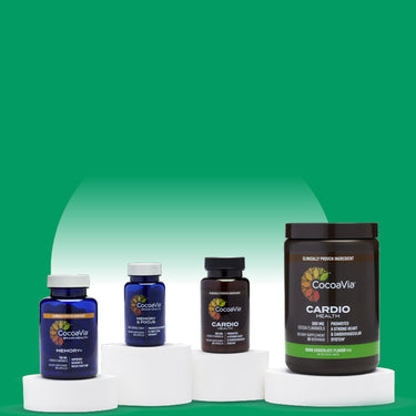 4 CocoaVia Products displayed on a while podium