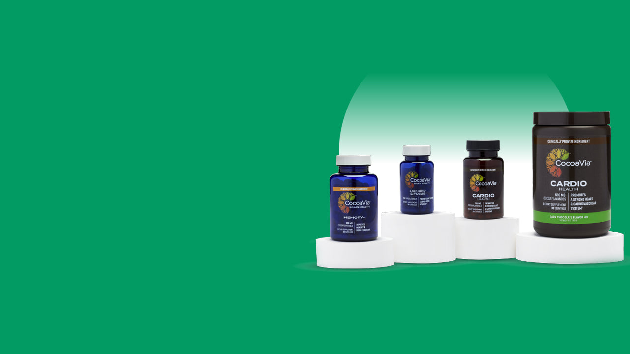 4 CocoaVia Products displayed on a while podium