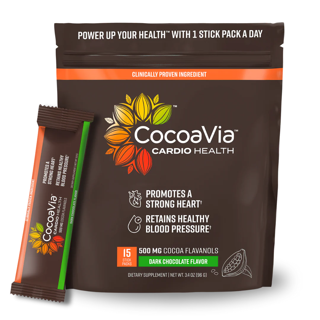 CocoaVia cardio Health stickpacks. Promotes a strong heart. Retains Healthy Blood Pressure. 